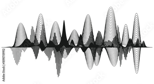 A striking black and white waveform illustration displays a complex sound pattern resembling mountain peaks and valleys silhouette high quality professional detailed