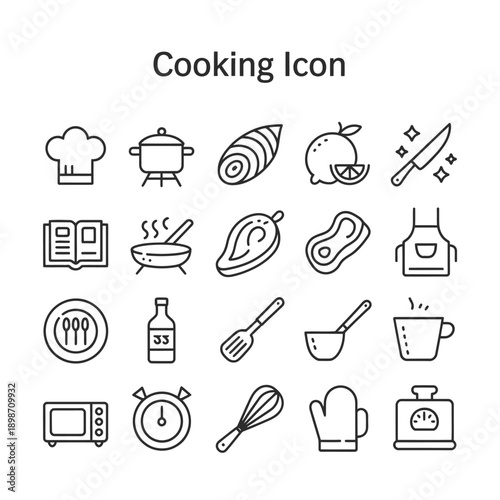Collection of simple line art cooking icons and culinary elements