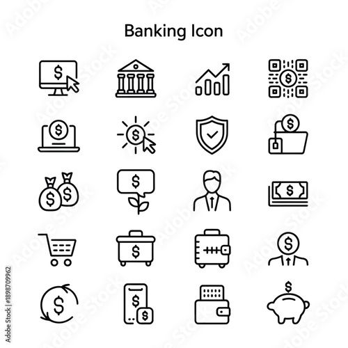Banking and financial icons set in simple outline style