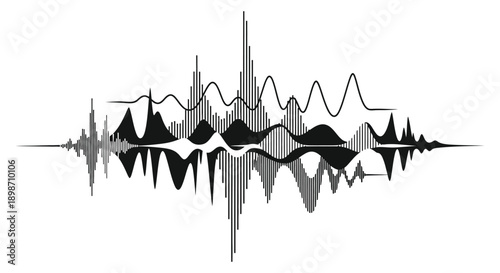 A striking black and white waveform illustration depicts sound vibrations and frequencies creating an abstract visual representation silhouette high quality professional detailed