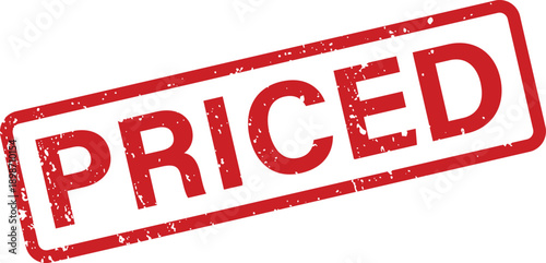 A vibrant red grunge textured rubber stamp displays the word PRICED on a bright white background