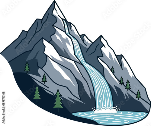 Stylized illustration of a majestic, towering mountain peak featuring a cascading waterfall flowing into a pristine lake surrounded by evergreen trees in a minimalist design.