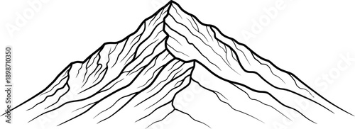 Stylized black and white line art illustration depicting a rugged, sharp mountain peak with visible ridges and dramatic texture suitable for graphic design projects.