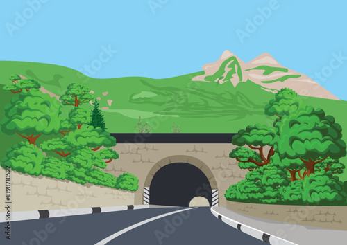 An asphalt road through a dark tunnel under a large mountain. Travel image. Hand-drawn vector illustration of a beautiful mountain landscape with a road.