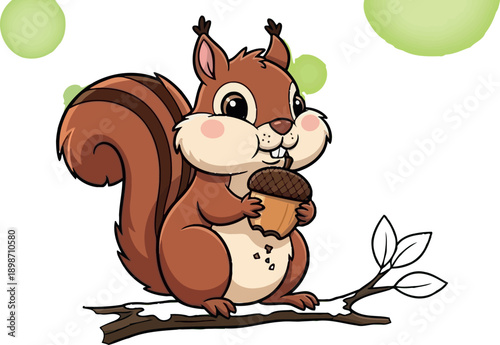 Adorable cartoon illustration of a cute chubby squirrel with very full cheeks sitting on a branch while happily holding a large brown acorn in its paws