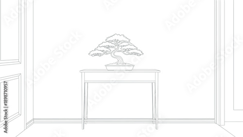 Detailed line art drawing illustrates a beautifully shaped miniature bonsai tree resting upon a narrow console table situated within a minimalist interior hallway setting.