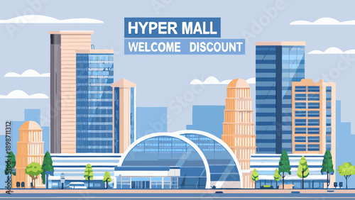 A colorful illustration of a modern hyper mall and city skyline