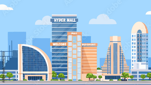 A colorful illustration of a modern cityscape with a hyper mall
