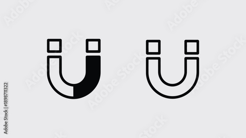 Two magnetic horseshoe structures illustrated in black and white contrasting colors isolated on white background, Vector, illustration