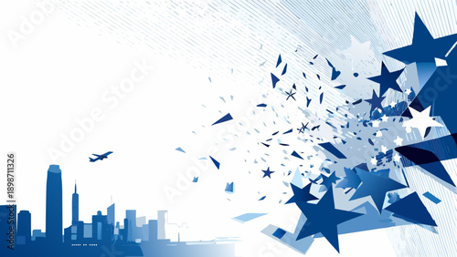 City skyline with an explosion of blue stars and scattered fragments