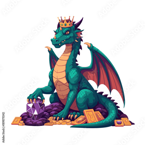 Illustration of a green dragon with a crown sitting on a pile of treasure.