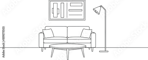 Minimalist black and white line art drawing depicting essential modern living room furniture including a comfortable sofa with cushions a low oval coffee table and an adjustable floor lamp.