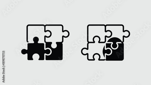 Two puzzle pieces arrangements showing different configurations of interlocking shapes isolated on white background, Vector, illustration