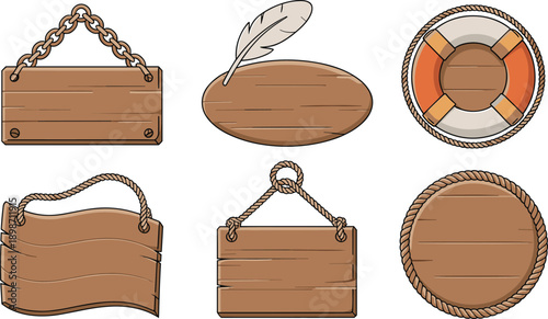 Wooden signboard and nautical badge vector set. Rustic planks with rope, chain and lifebuoy frames. Vintage marine labels isolated on white background.