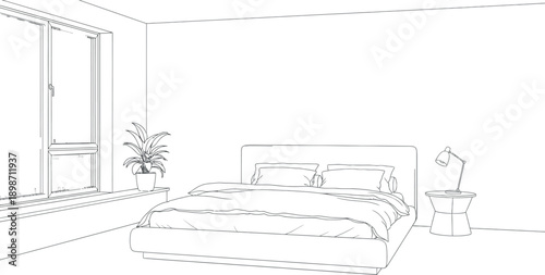 Minimalist bedroom interior design blueprint sketch featuring a large window overlooking a cityscape and contemporary furniture elements awaiting color application