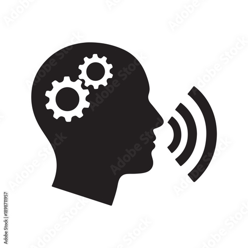 Human head silhouette with gears representing thinking and creativity