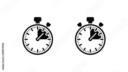 Two stopwatches displaying elapsed time with hands slightly past the twelve o'clock mark isolated on white background, Vector, illustration