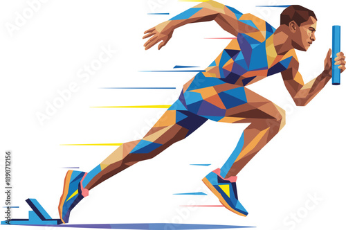 Low poly relay runner vector illustration. Sprint athlete holding baton with speed lines. Modern geometric track and field action isolated on white background.