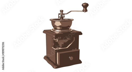 Vintage manual coffee grinder with wooden handle and metal body.
