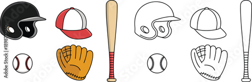 Baseball equipment icon vector set. Helmet, cap, bat, glove and ball in color and outline styles, clean sports illustrations for apps and print.