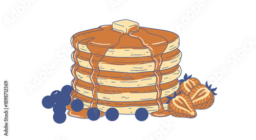 Stack of pancakes with syrup and blueberries.