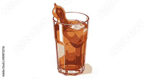 A glass of iced tea with a slice of orange on a white background.