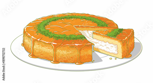 Delicious cake with green filling and caramel sauce on a white plate.