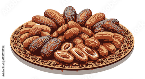 Assorted dates and date fruits on decorative plate.