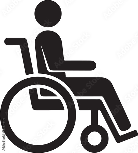 Simple black graphic icon showing a person sitting in a wheelchair
