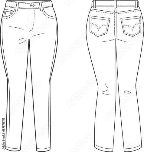 Slim fit women jeans technical outline. Front and back views showing pocket styling, waistband shape and leg taper. Clean vector denim illustration for fashion design and apparel specification.