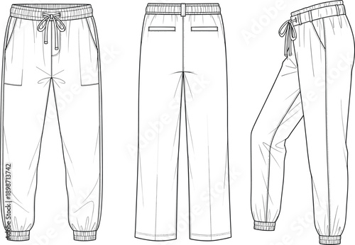 Jogger pants technical line illustration. Front, back and side views with elastic waistband, drawstring and ankle cuffs. Clean vector garment drawing for loungewear and activewear design.