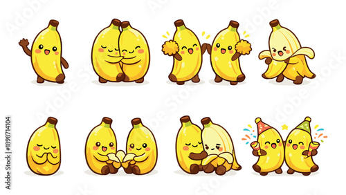 Cute cartoon bananas with expressions and accessories in various poses