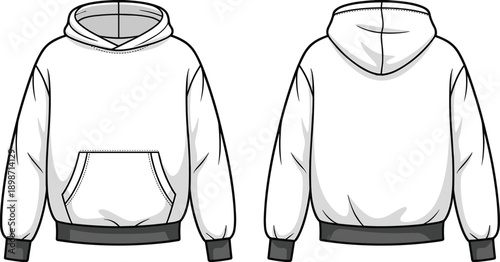 Modern hoodie apparel outline vector. Front and back views showing hood construction, sleeve volume and waistband finish. Clean garment line artwork for fashion drafts and clothing concepts.