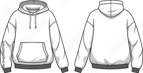 Casual hooded sweatshirt apparel vector. Front and back garment views with drawstrings, pocket and ribbed hem details. Clean line illustration for modern clothing concepts and fashion visuals.