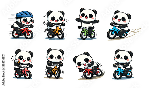 Cute cartoon pandas riding colorful bicycles with different expressions