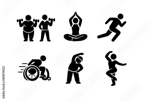 Diverse group of people engaging in various fitness activities and sports icons