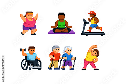 Pixel art diverse people exercising and staying healthy with various fitness activities