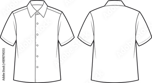 Classic short sleeve shirt line illustration. Front and back views highlighting seams, collar and button alignment. Minimal vector garment artwork for apparel manuals and fashion presentations.