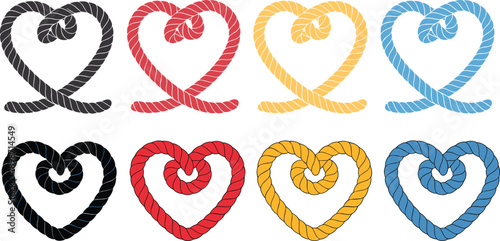 Rope heart icon vector set. Hand drawn twisted rope hearts in multiple colors, textured love symbols for wedding, Valentine, and decorative designs.