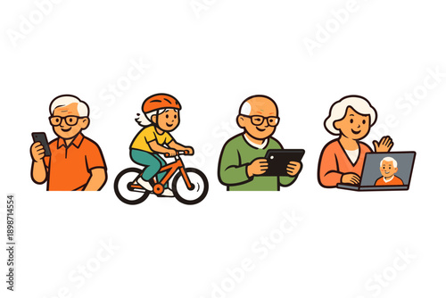 Active seniors enjoying technology and outdoor activities with a smile