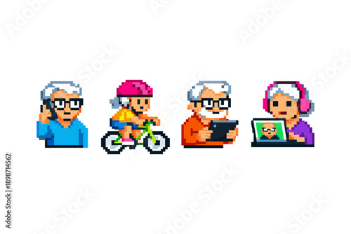 Pixel art seniors enjoying diverse modern activities and communication methods