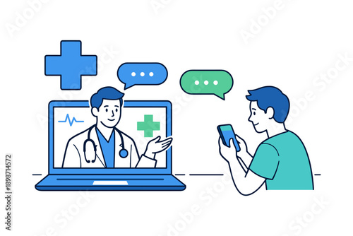 Doctor consulting patient remotely via laptop and smartphone for telehealth services