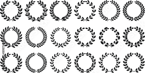 Black laurel wreath collection set, minimalist floral circular frames for awards, logos, emblems, certificates, vintage design elements branding print decoration