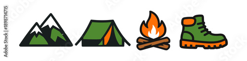Camping and hiking icons: mountains, tent, campfire, and boot on white background