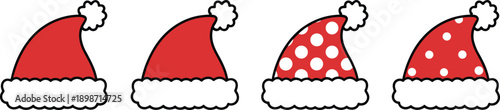 Christmas Santa hat icon set vector. Cute red winter hats with fluffy trim and polka dot styles, simple festive illustrations for holiday designs.