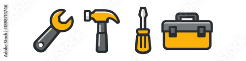 Set of colorful icons representing tools and a toolbox for repair and construction