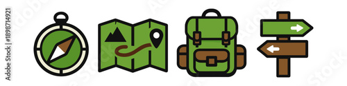 Adventure and exploration icons: compass, map, backpack, and signpost