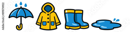 Cute cartoon rain gear including umbrella, raincoat, boots, and puddle