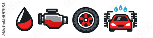 Car maintenance and cleaning icons: oil, engine, tire, and car wash services