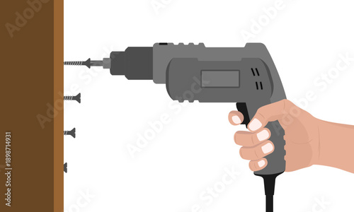 screwing a screw into a wooden board with drill machine, vector illustration isolated on white background.